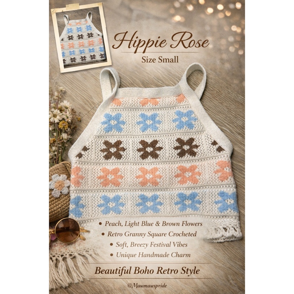 Hippie Rose Womens Small Crochet Knit Tank Top Boho Floral Retro Festival Cream